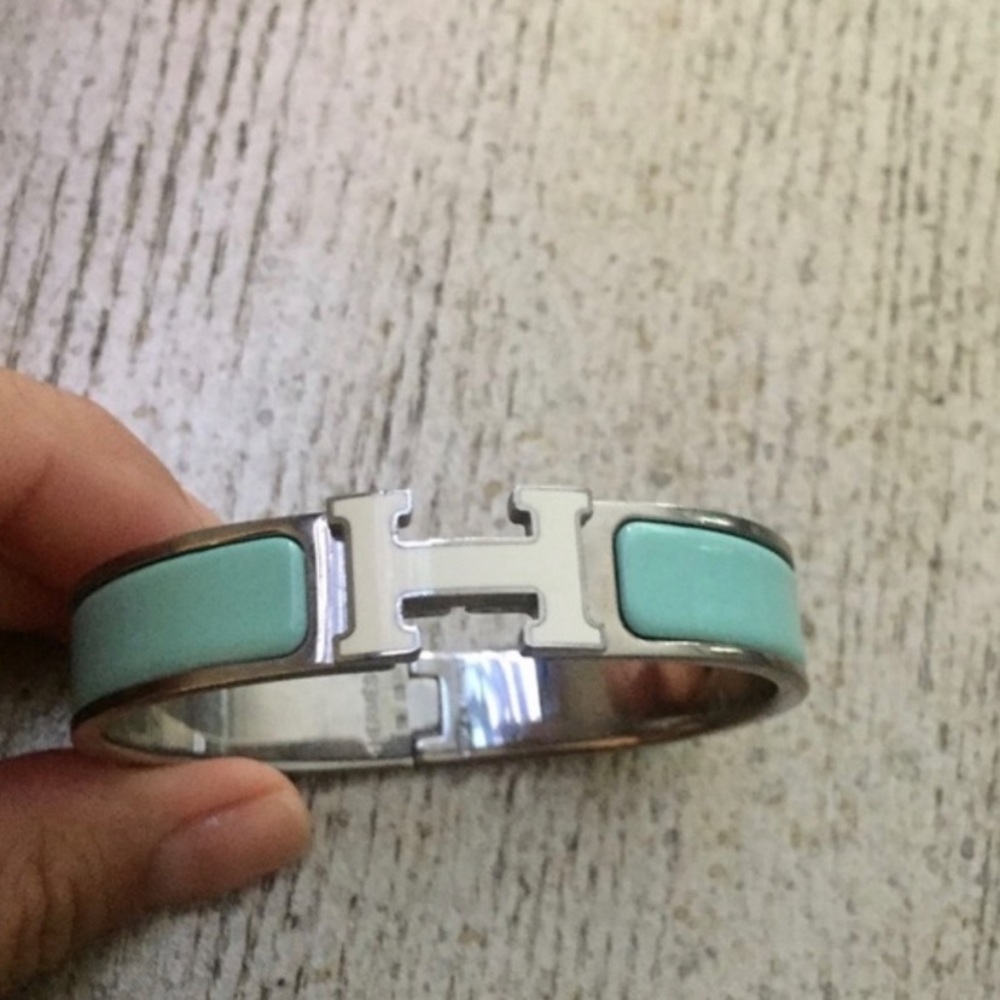 💯HERMES Tiffany-Blue Enamel Clic Clac H Bracelet - Picture 6 of 9